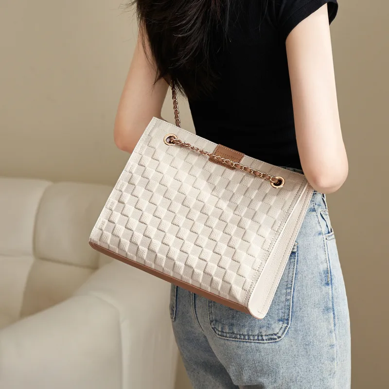 AOKANG Cow Leather Tote Diamond Pattern Chain Bag Crossbody Underarm Shoulder Bag Regular Women's Ecru/Elephant Gray-4