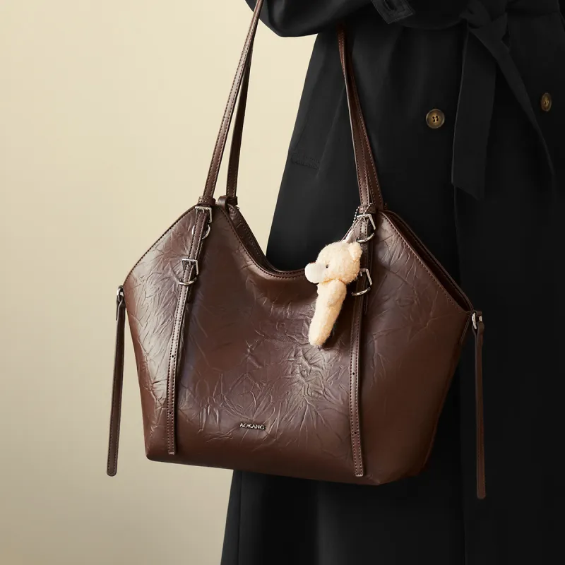 AOKANG Polyurethane Leather Tote Shoulder Bag Women's Classic Black/Cocoa Coffee/Beige Apricot-4