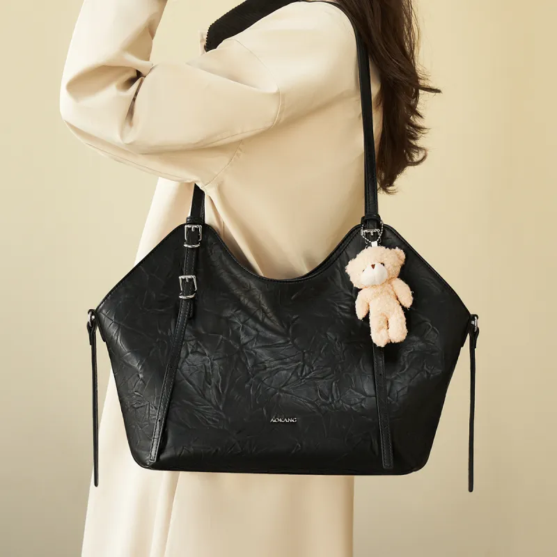 AOKANG Polyurethane Leather Tote Shoulder Bag Women's Classic Black/Cocoa Coffee/Beige Apricot-7