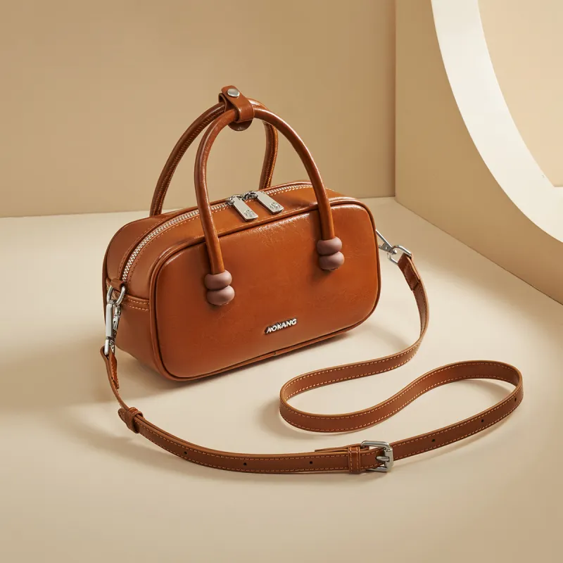 AOKANG Cow Leather Bowling Bag One Shoulder Underarm Crossbody Handbag Regular Women's Multicolor-12