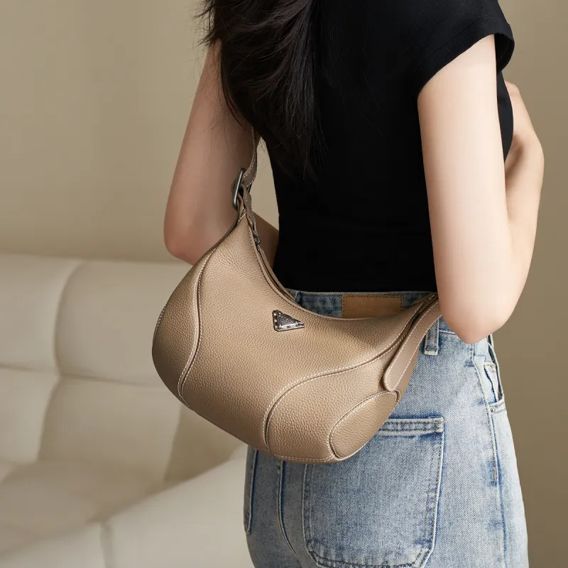 AOKANG Cow Leather Underarm Shoulder Bag Small Size Women's Ecru/Classic Black/Elephant Gray-18