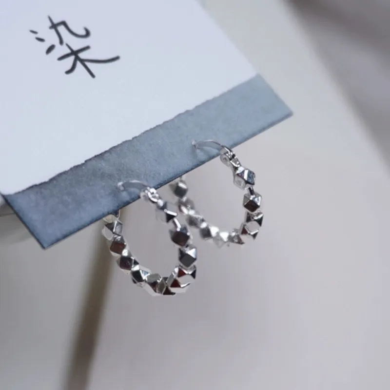 Stone Edge Poly Foot Silver 990 Sterling Silver Hoop Earrings Unisex-4