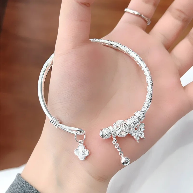 Stone Edge Poly Foot Silver Bracelet 999 Fine Silver Women's-4