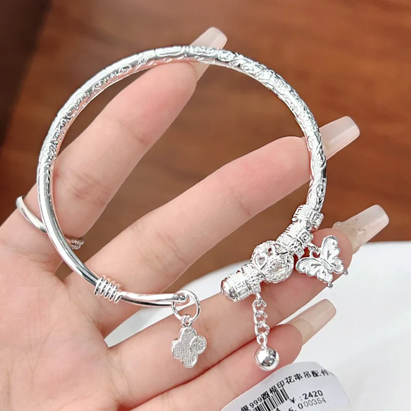 Stone Edge Poly Foot Silver Bracelet 999 Fine Silver Women's-1