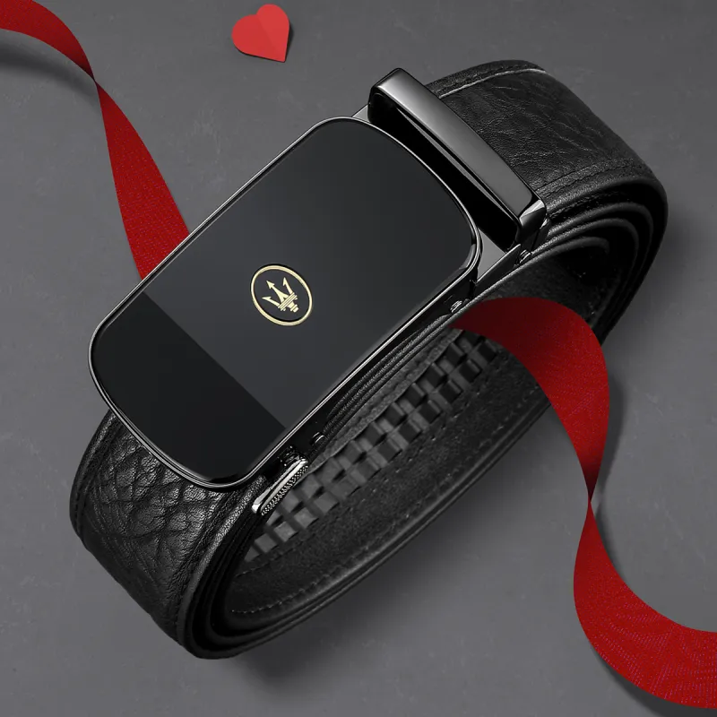 Maserati Imported Buffalo Leather Belts Men's Black Width 3.4cm-4