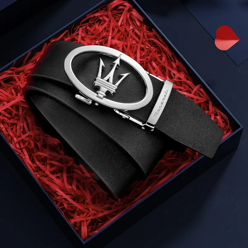 Maserati Cow Split Leather Belts Men's Black Width 3.5CM-4
