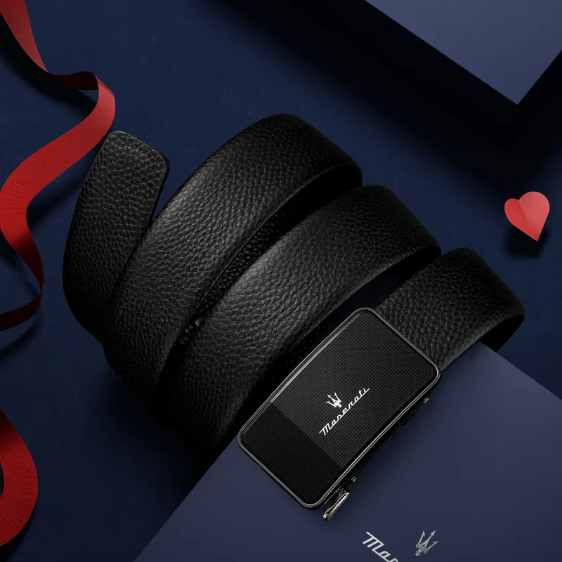 Maserati Top Grain Cow Leather Belt Men's Black Width 3.5cm-6