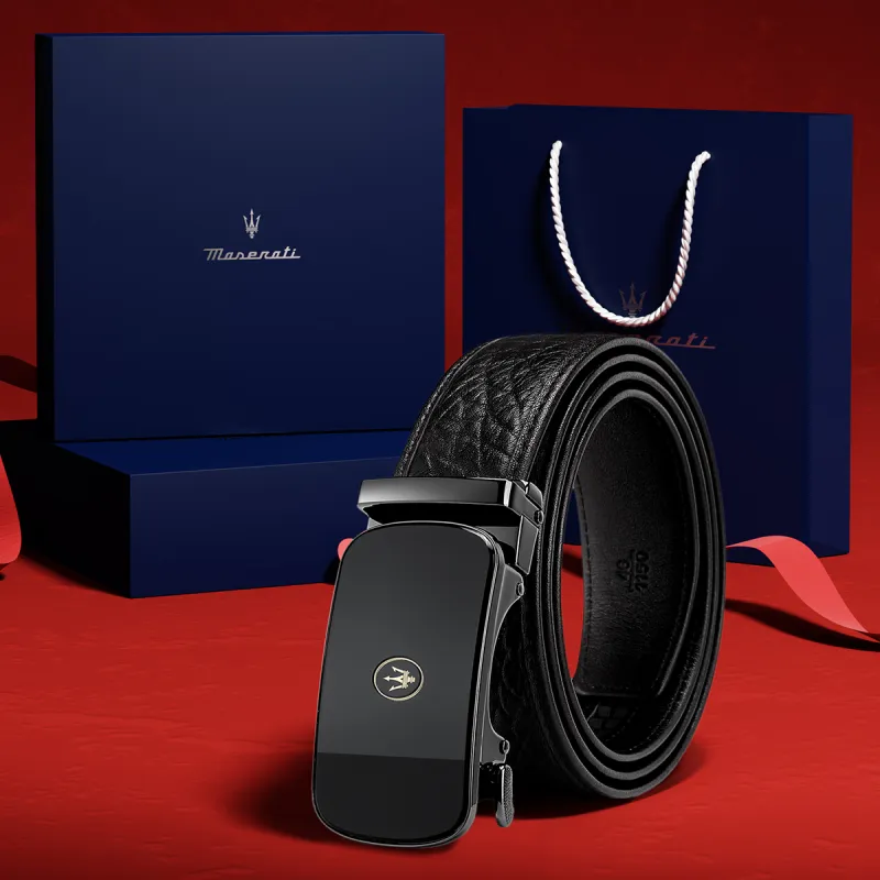 Maserati Imported Buffalo Leather Belts Men's Black Width 3.4cm-1