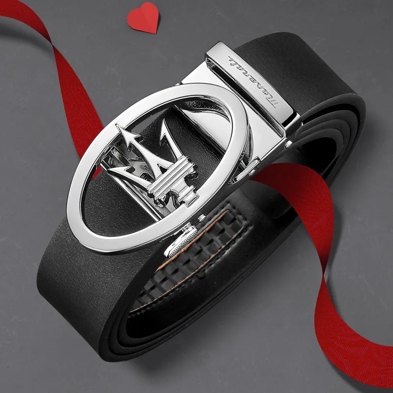Maserati Cow Split Leather Belts Men's Black Width 3.5CM-5