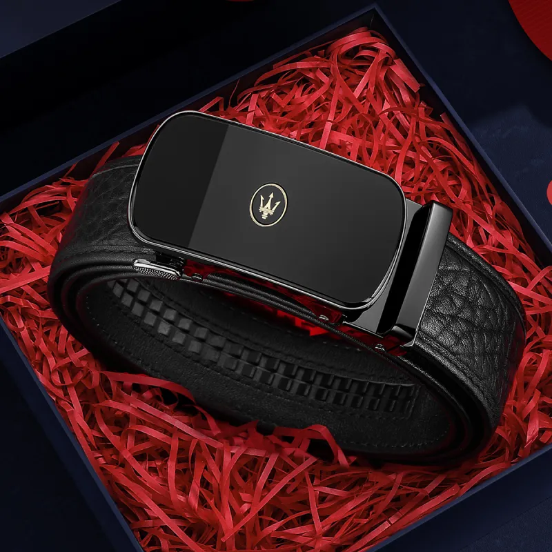 Maserati Imported Buffalo Leather Belts Men's Black Width 3.4cm-2