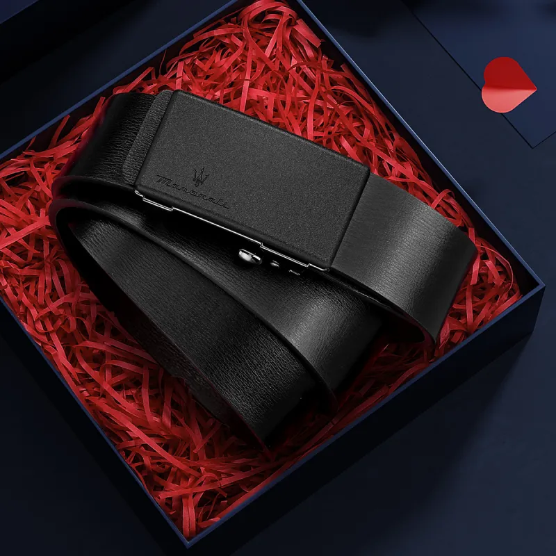 Maserati Cow Split Leather Belts Men's Black Width 3.4cm-5
