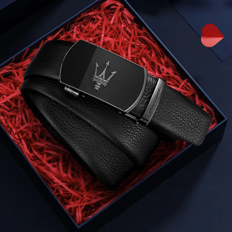 Maserati Cow Leather Belt Men's Black Width 3.5cm-6