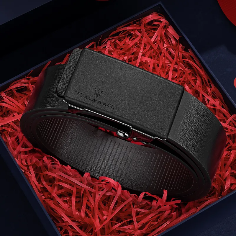 Maserati Cow Split Leather Belts Men's Black Width 3.4cm-2