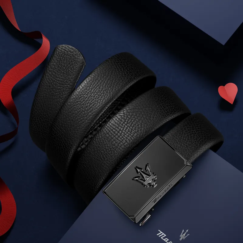 Maserati Cow Leather Belts Men's Black Width  3.5cm-5