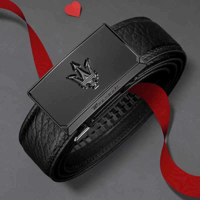 Maserati Cow Leather Belts Men's Black Width  3.5cm-4