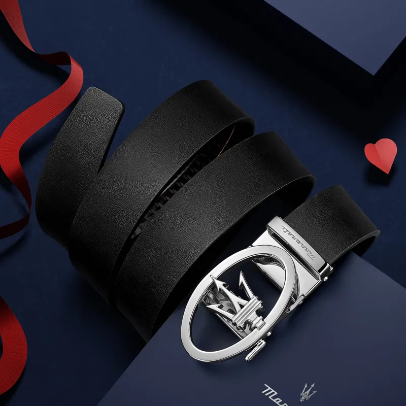 Maserati Cow Split Leather Belts Men's Black Width 3.5CM-7