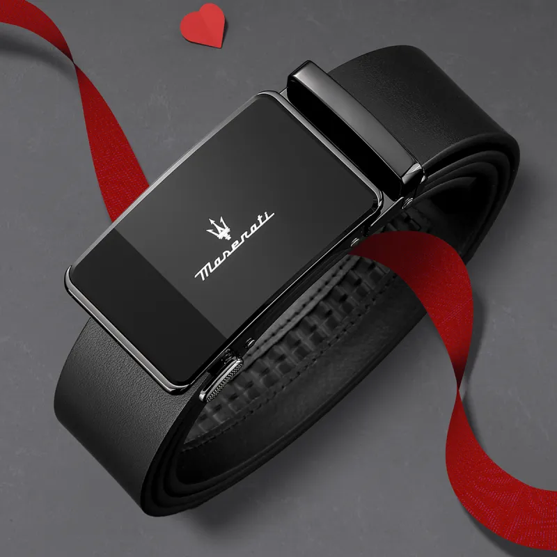 Maserati Top Grain Cow Leather Belt Men's Black Width 3.5cm-4
