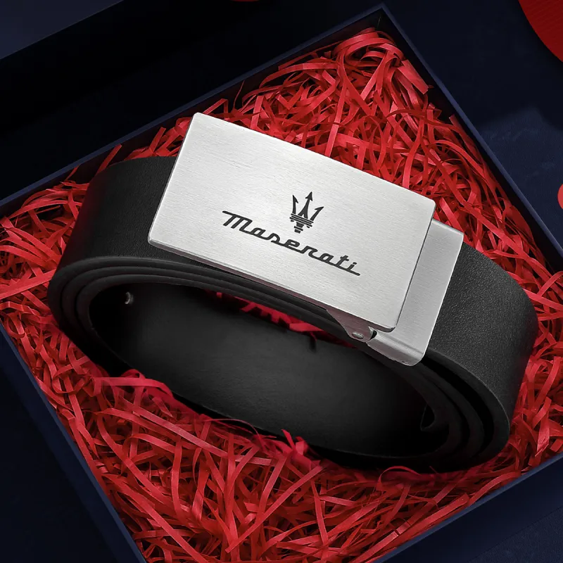Maserati Cow Leather Belts Men's Black Width 3.4cm-4
