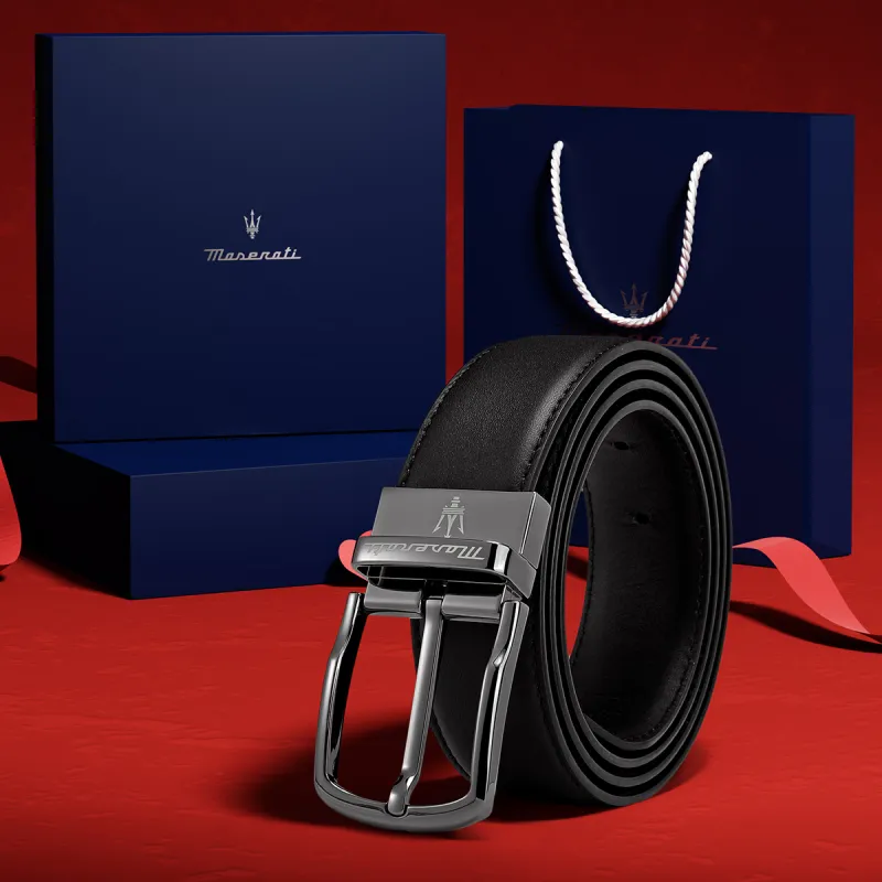 Maserati Cow Leather Belts Men's Black Width 3.4cm-1