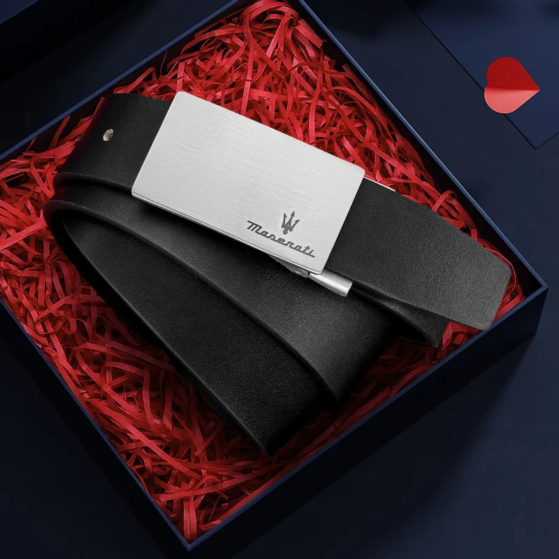 Maserati Cow Leather Belts Men's Black Width 3.4cm-6