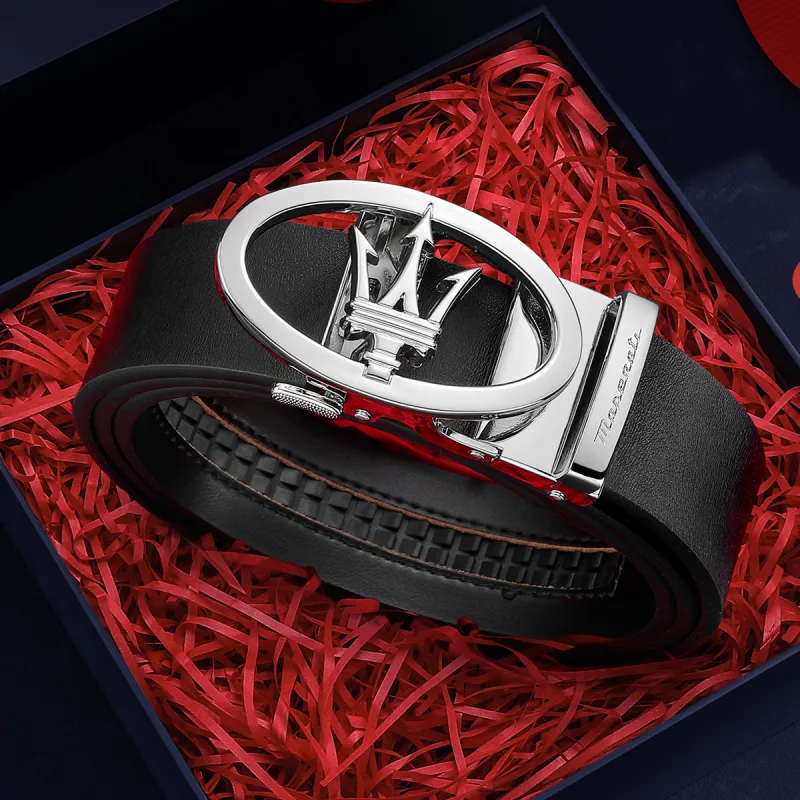 Maserati Cow Split Leather Belts Men's Black Width 3.5CM-3