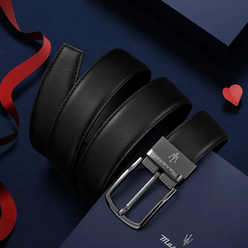 Maserati Cow Leather Belts Men's Black Width 3.4cm-3