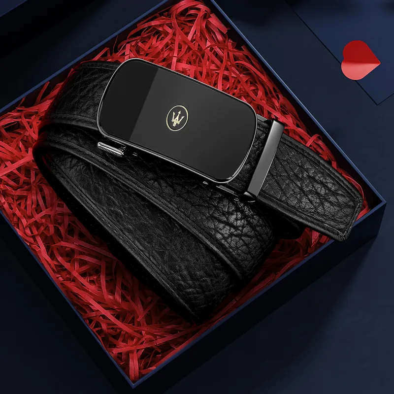 Maserati Imported Buffalo Leather Belts Men's Black Width 3.4cm-3
