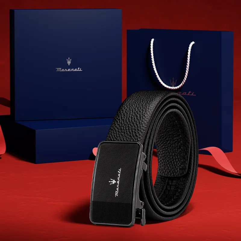 Maserati Top Grain Cow Leather Belt Men's Black Width 3.5cm-1