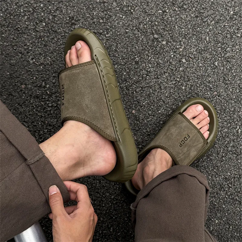 Ritai Slip Resistant Abrasion Resistant Slide Slippers Men's Olive Green-3