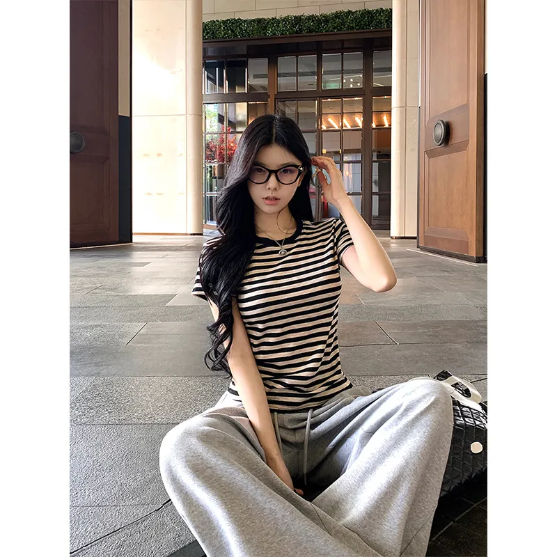 PAIN OR PLEASURE Summer Regular T Shirt Women's Black Apricot Stripes-3
