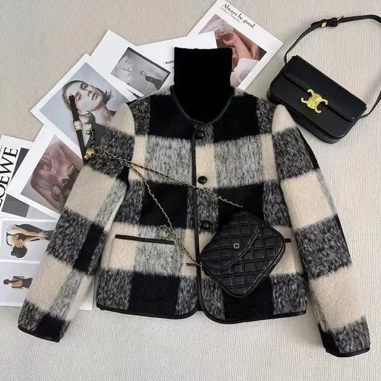 PAIN OR PLEASURE Thickened Cropped Chanel Inspired Coat Women's Plaid Thickened Lining-1