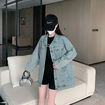 PAIN OR PLEASURE Korean Style Diamond Embroidered Denim Jacket Top Women's Blue