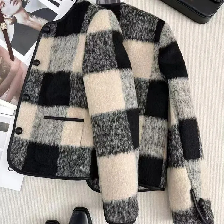 PAIN OR PLEASURE Thickened Cropped Chanel Inspired Coat Women's Plaid Thickened Lining-2