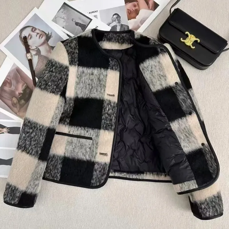 PAIN OR PLEASURE Thickened Cropped Chanel Inspired Coat Women's Plaid Thickened Lining-4