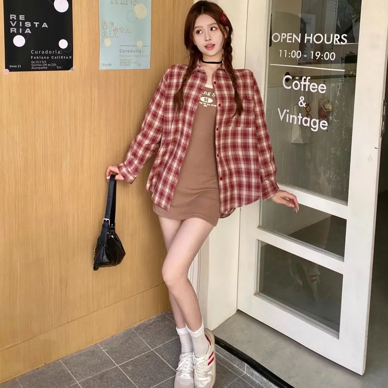 PAIN OR PLEASURE Cherry Red Plaid Long Sleeved Shirt Women's Red-2