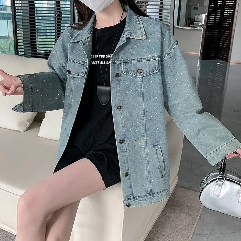 PAIN OR PLEASURE Korean Style Diamond Embroidered Denim Jacket Top Women's Blue-2