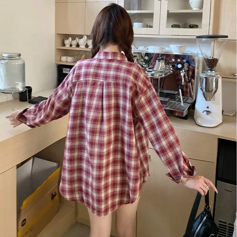 PAIN OR PLEASURE Cherry Red Plaid Long Sleeved Shirt Women's Red-1