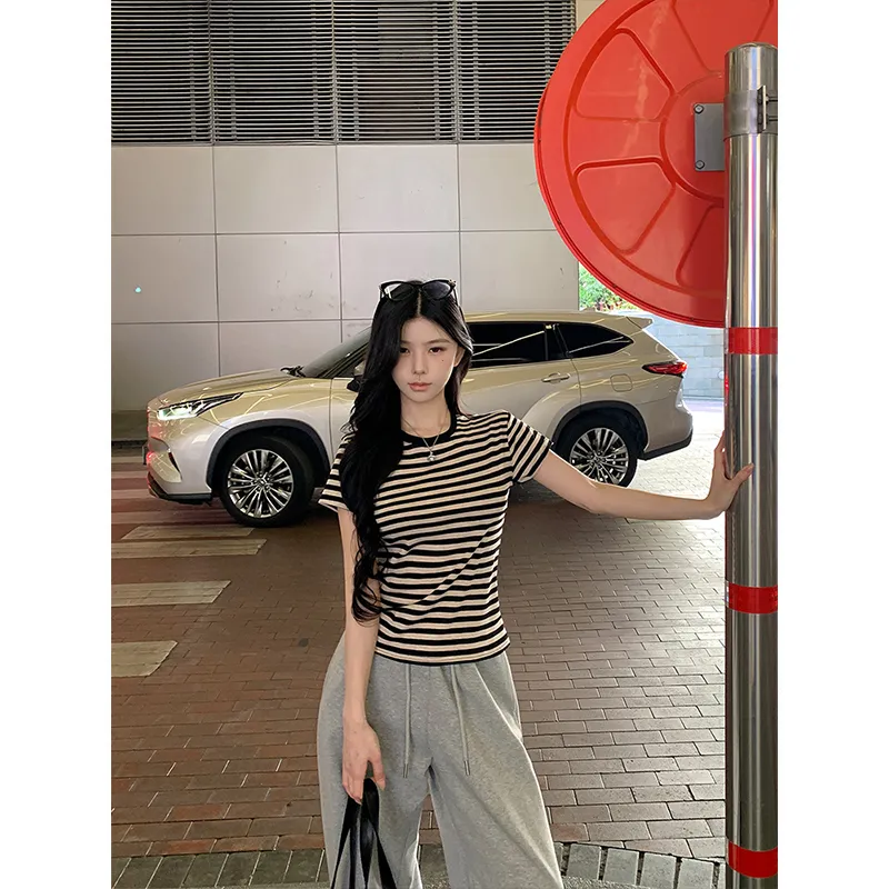 PAIN OR PLEASURE Summer Regular T Shirt Women's Black Apricot Stripes-4