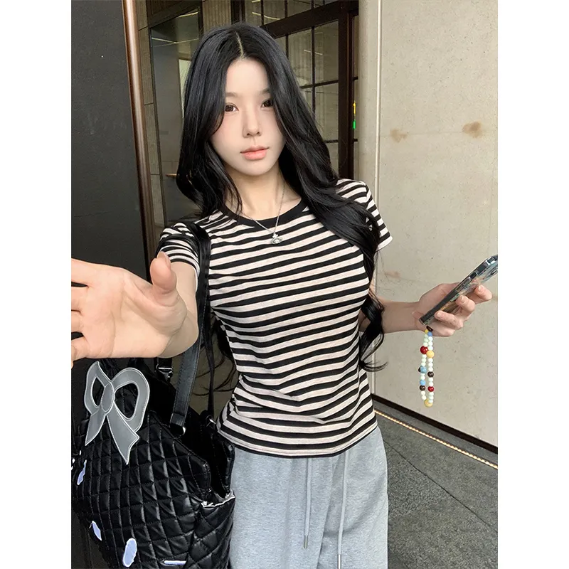PAIN OR PLEASURE Summer Regular T Shirt Women's Black Apricot Stripes-2