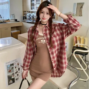 PAIN OR PLEASURE Cherry Red Plaid Long Sleeved Shirt Women's Red