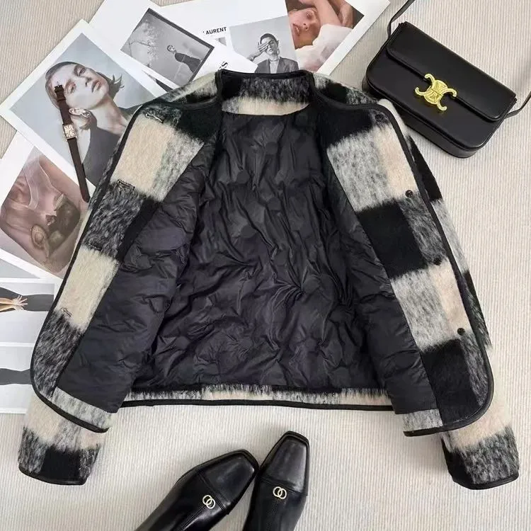 PAIN OR PLEASURE Thickened Cropped Chanel Inspired Coat Women's Plaid Thickened Lining-3