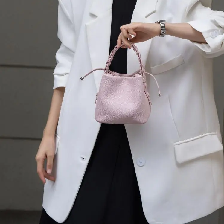 BLAKE FLEETO Top Grain Cow Leather Bucket Bag Twisted Basket Bag Handbag Women's Multicolor-13