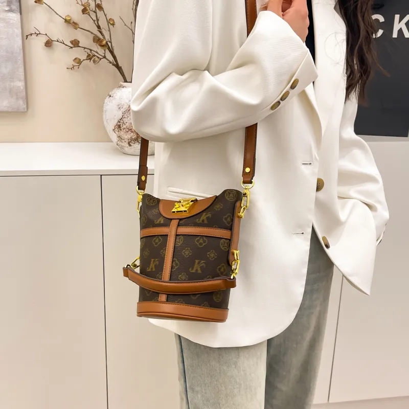 BLAKE FLEETO PU One Shoulder Crossbody Bucket Handbag Women's Gray/Brown/Apricot-11