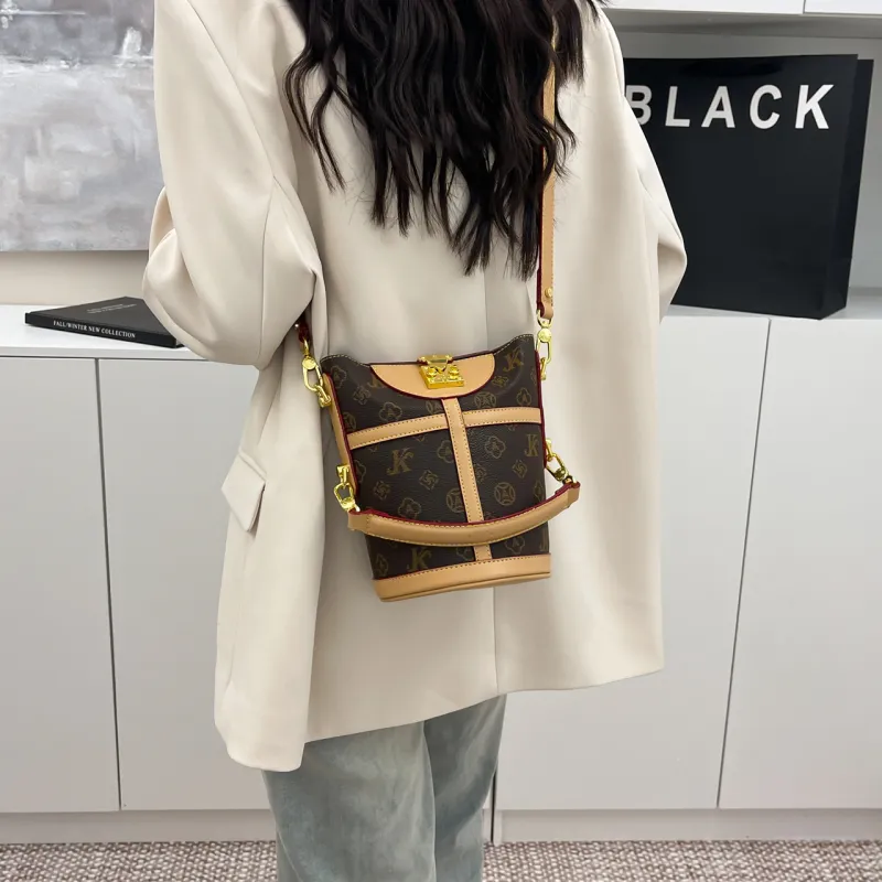 BLAKE FLEETO PU One Shoulder Crossbody Bucket Handbag Women's Gray/Brown/Apricot-3