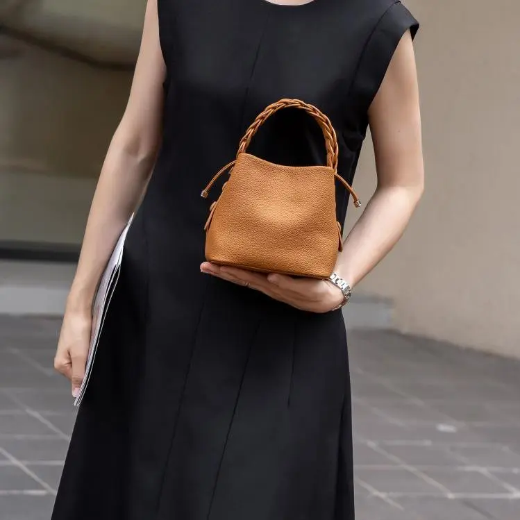 BLAKE FLEETO Top Grain Cow Leather Bucket Bag Twisted Basket Bag Handbag Women's Multicolor-7