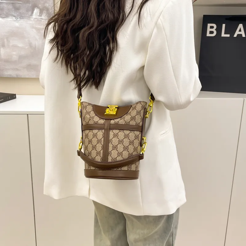 BLAKE FLEETO PU One Shoulder Crossbody Bucket Handbag Women's Gray/Brown/Apricot-16