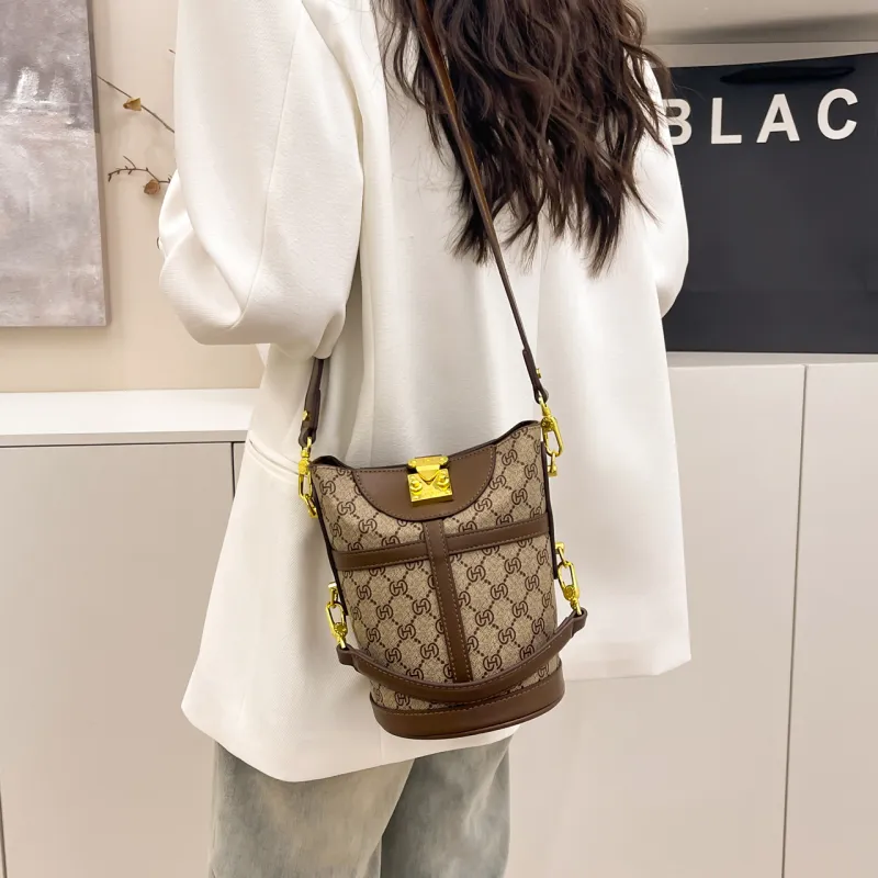 BLAKE FLEETO PU One Shoulder Crossbody Bucket Handbag Women's Gray/Brown/Apricot-17