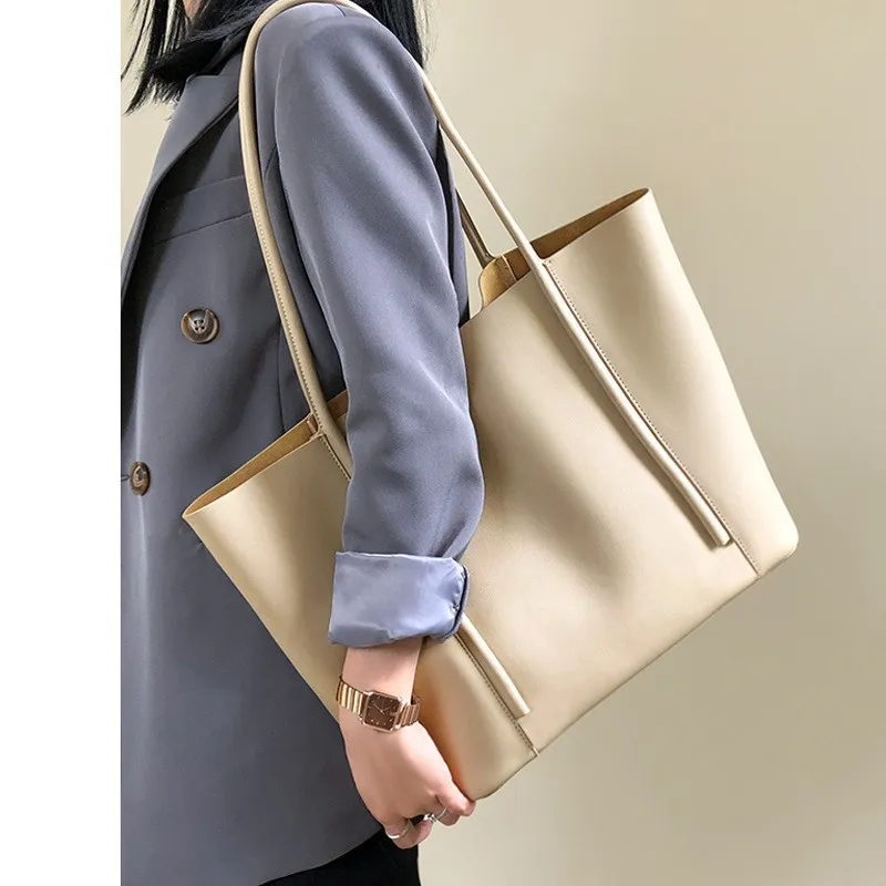 BLAKE FLEETO Cow Leather Tote Bag, Shopping Bag, Shoulder Bag Women's Light Salt Card/Coffee/Black/Light Milk-5