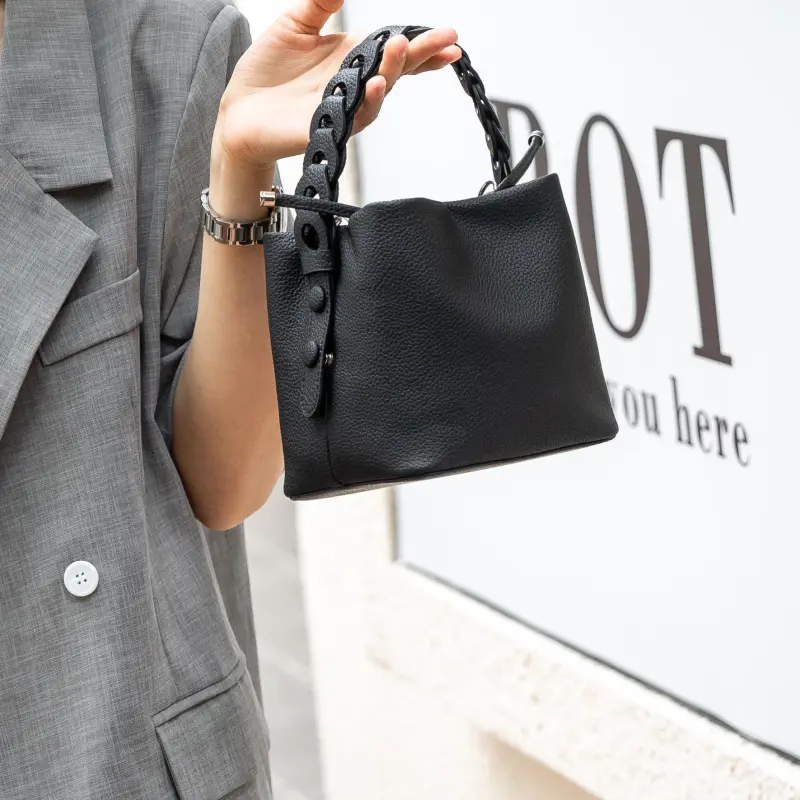 BLAKE FLEETO Top Grain Cow Leather Bucket Bag Twisted Basket Bag Handbag Women's Multicolor-3