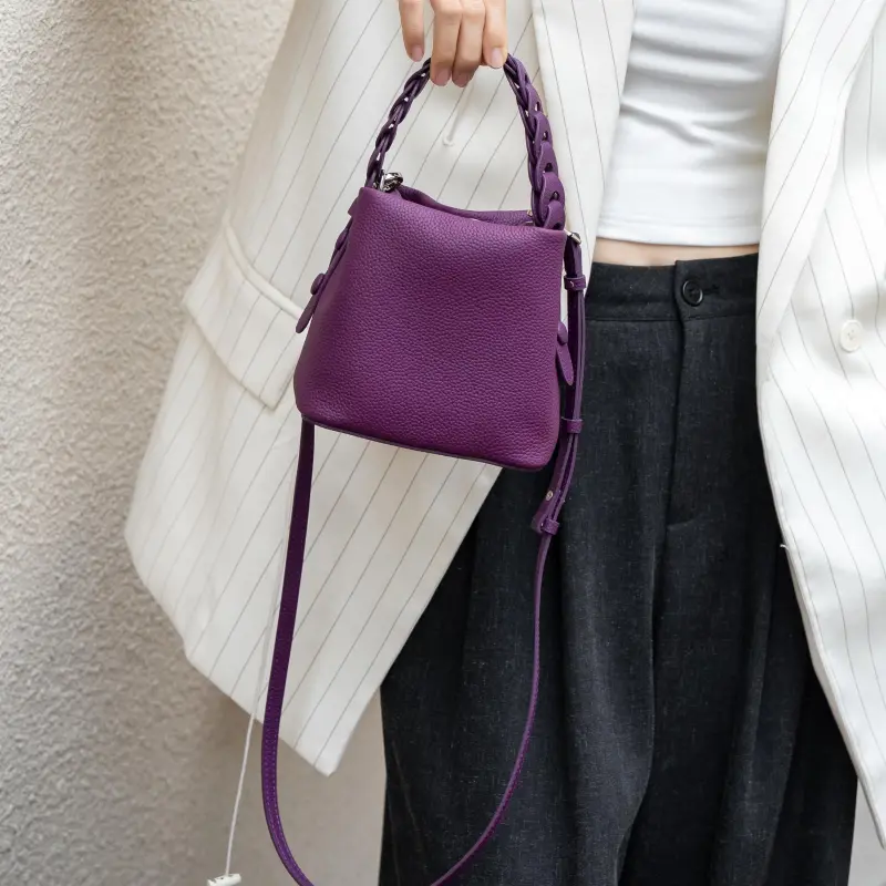 BLAKE FLEETO Top Grain Cow Leather Bucket Bag Twisted Basket Bag Handbag Women's Multicolor-16